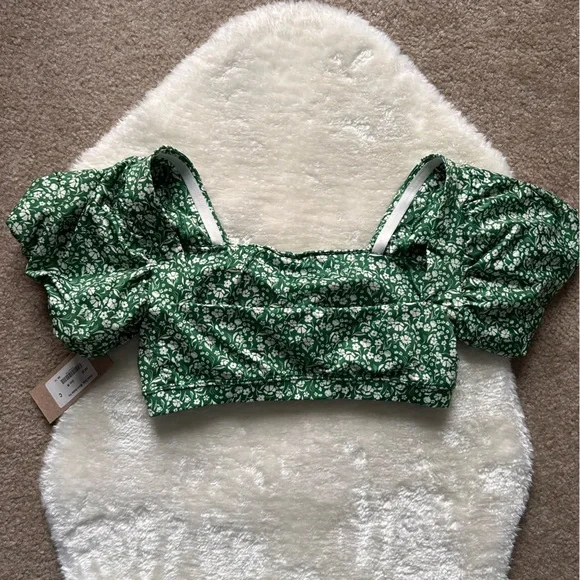 NWT Albion Fit Micro Green Floral Square Neck Puff Sleeve Bikini Top - Picture 3 of 4